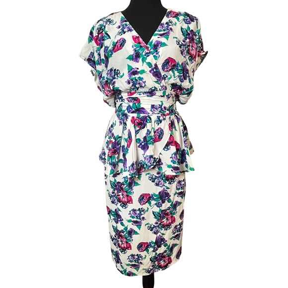 Vtg 1980s Floral Peplum Dress Purple‎ Fuchsia John Richard Sm Femininee cinched - Picture 1 of 12